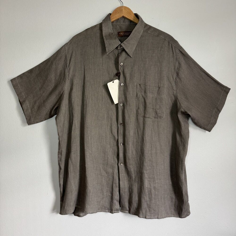 Robert Barakett 100% Linen Short Sleeve Shirt Mens XXL Brown Button Up Utility